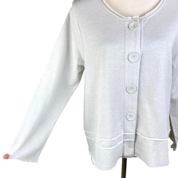Habitat Light Gray Terry Silver Sparkle Button Raw Edge Cardigan Sweater Top - Picture 6 of 12
